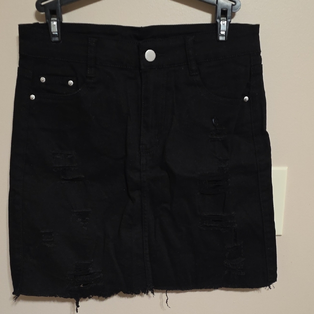 Black Distressed Denim Skirt